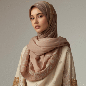 Luxe Pearl-Embroidered Beige Hijab Scarf