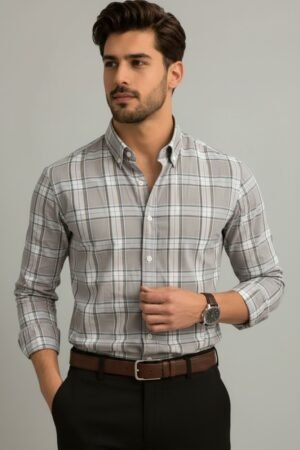 Batte Light Grey Pure Cotton Plaid Check Shirt