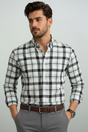 Batte White Green Pure Cotton Plaid Check Shirt