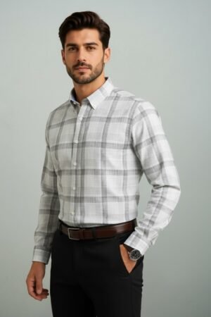 Batte White Grey Premium Pure Cotton Check Shirt